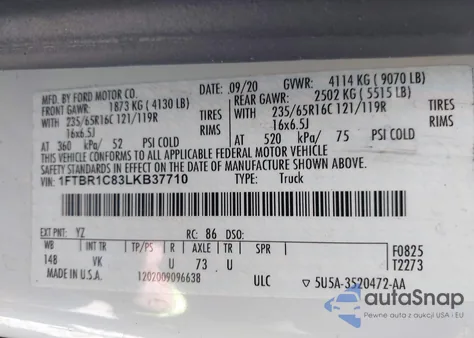 2020 Ford Transit-250 из США, поврежденный, VIN 1FTBR1C83LKB37710